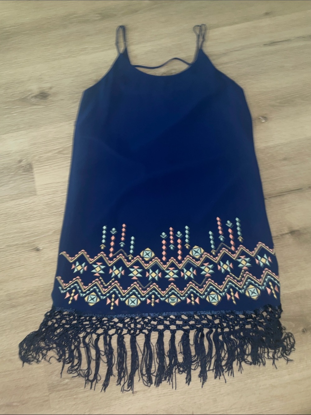 Last April by Naked Zebra | Navy Aztec Embroidered Fringe Slip Dress | Medium